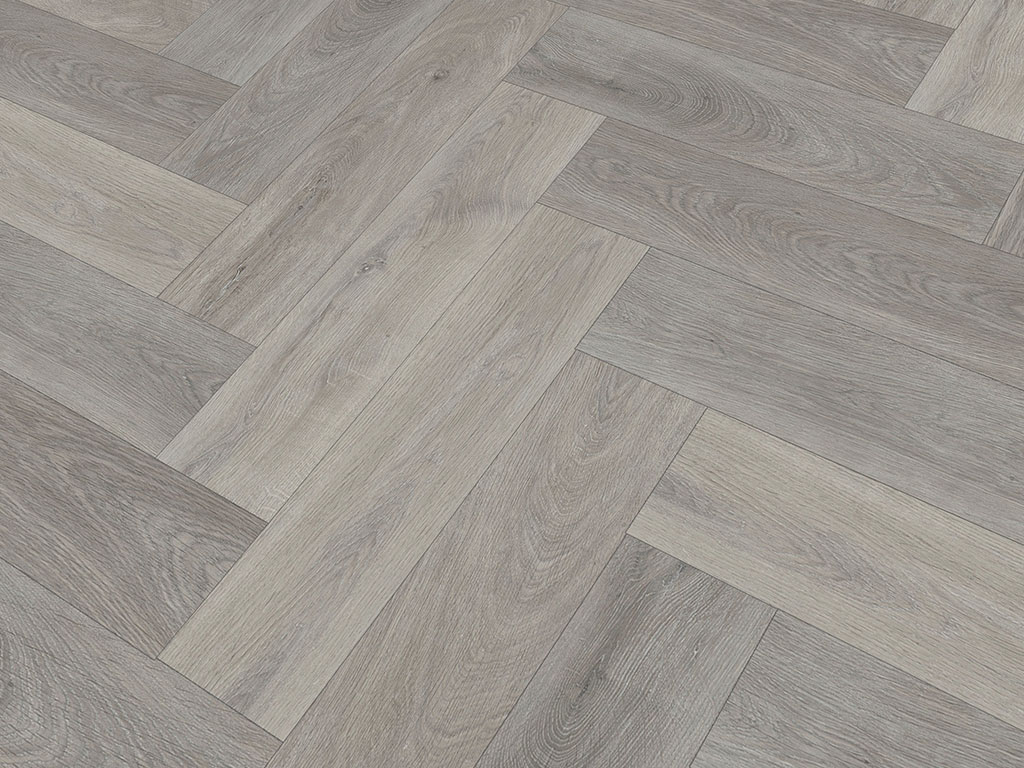 Designbelag Diamond42 Fischgrät Eiche modern grau mit integrierter Dämmung 4s Designvinyl der Diamondklasse in Fischgrät - moderner & edler Grauton 